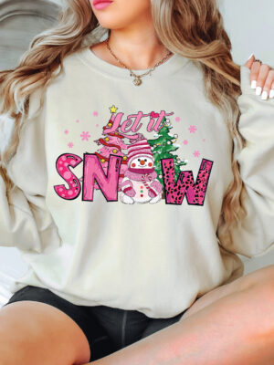 Pink Christmas Snowman Let It Snow Unisex Sweatshirt