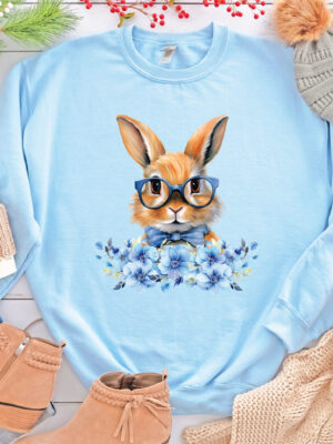 Bunny with Glasses Blue Flowers Watercolor Unisex Sweatshirt
